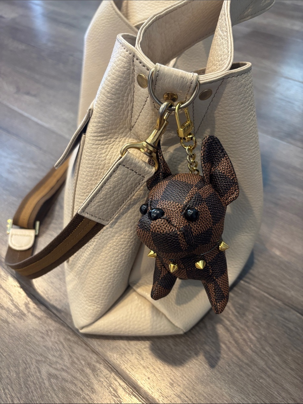 French Bulldog Checkered Bag Charm Keychain Brown Gold Stud Collar NWT